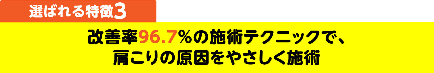 選ばれる特徴3 改善率96.7%の施術テクニックで、肩こりの原因をやさしく施術