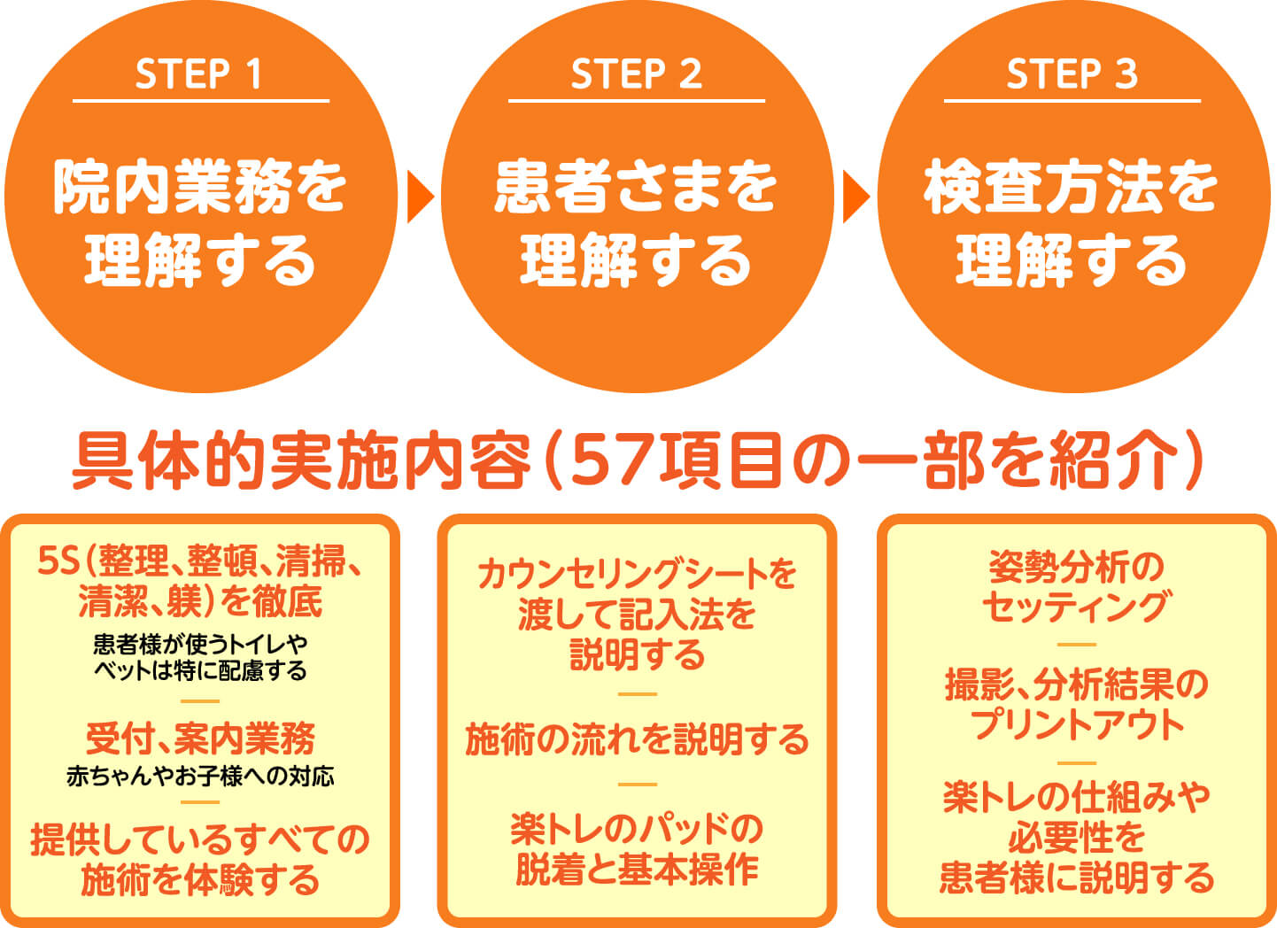 STEP1院内業務を理解する STEP2患者さまを理解する STEP3検査方法を理解する 具体的実施内容57項目の一部を紹介