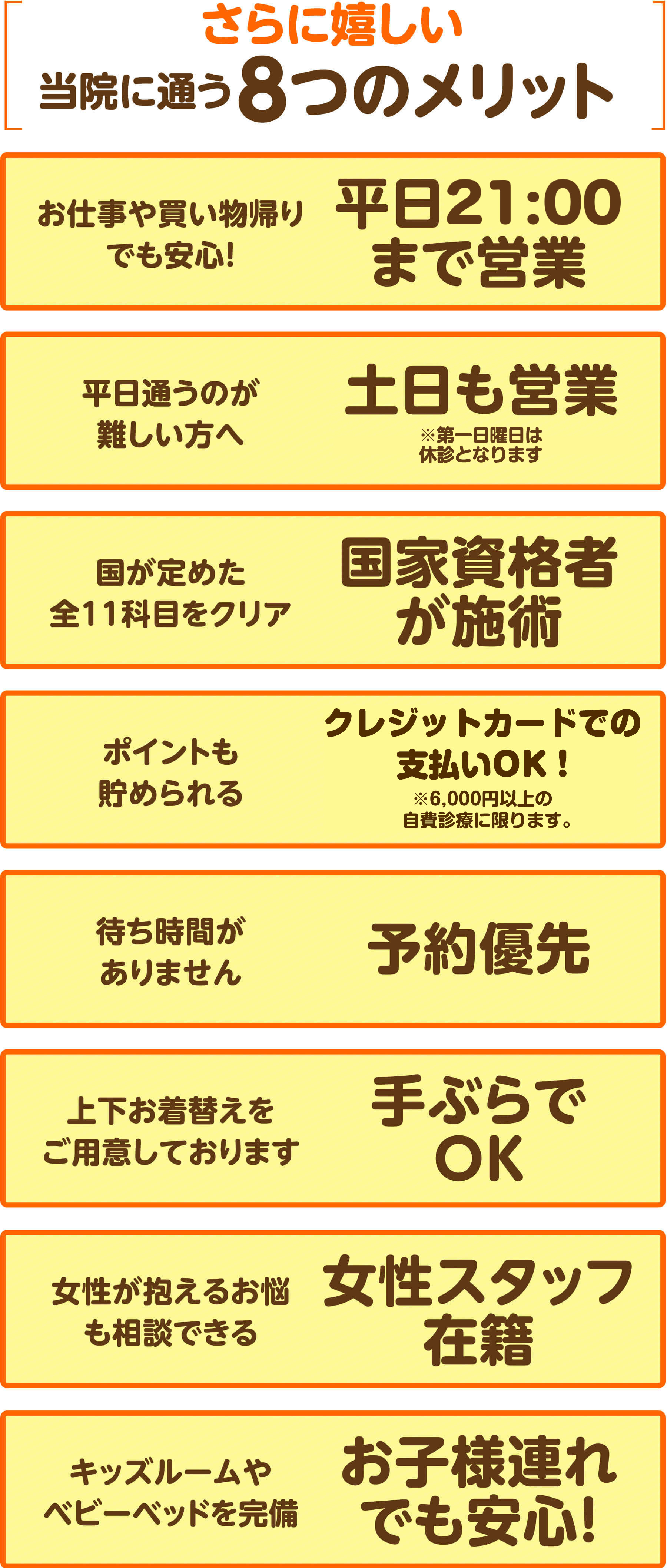 さらに嬉しい当院に通う8つのメリット（平日20:30まで営業・土日も営業・国家資格者が施術・手ぶらでOK・予約優先・女性スタッフ在籍・クレジットカード支払OK・お子様連れでも安心）
