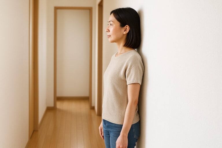 廊下の壁に背中と後頭部をつけて横向きに立つ女性