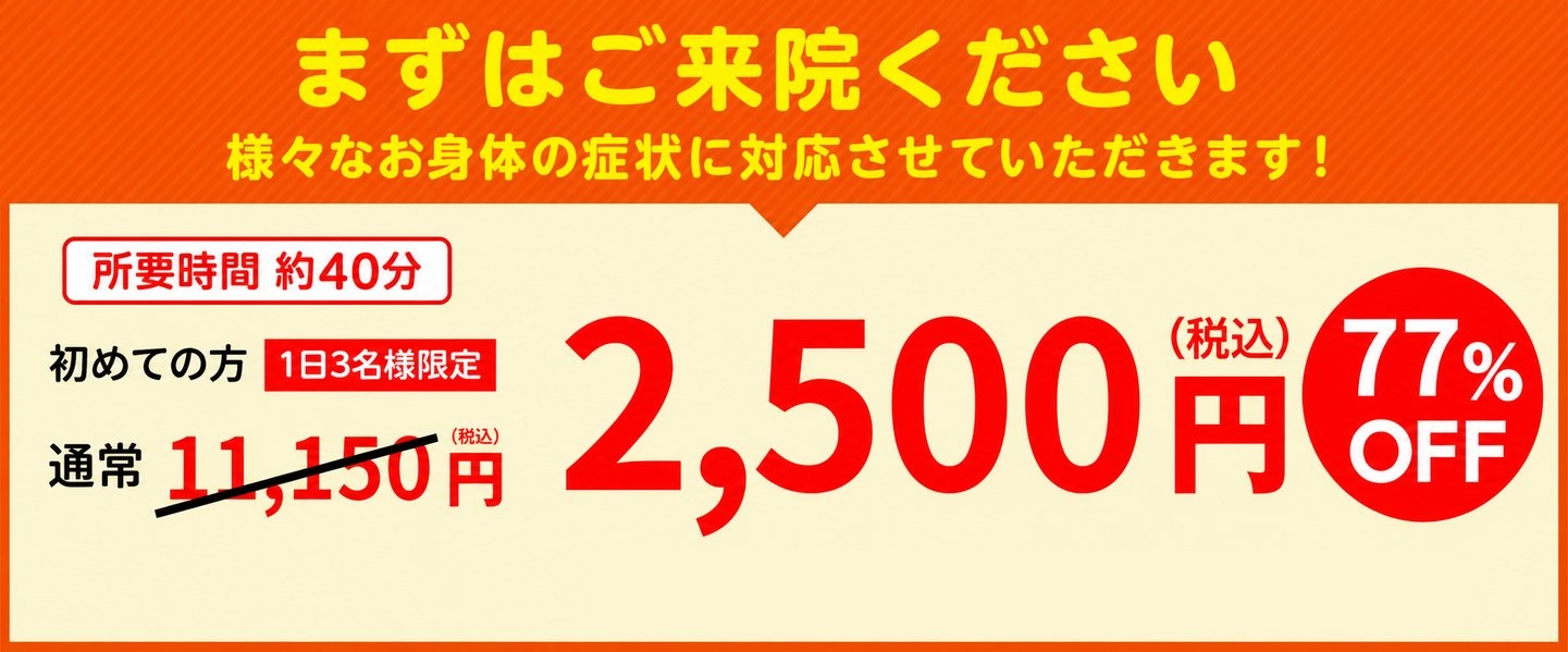 まずはご来院ください 初めての方1日3名様限定 通常11,150円が2,500円(税込)77%OFF 所要時間約40分